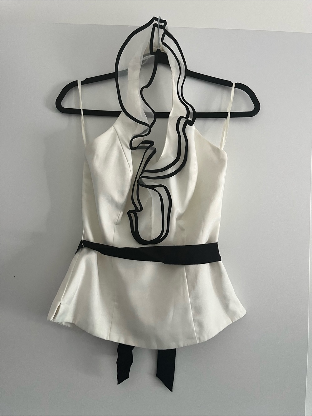 White House Black Market Ivory Halter Peplum Top with Black Trim